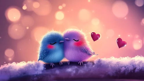 Two Affectionate Pastel Birds Nuzzling Among Luminous Hearts in Dreamlike Setting.