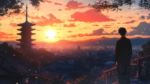 Anime city sunset panorama uniting pagoda silhouette and viewer