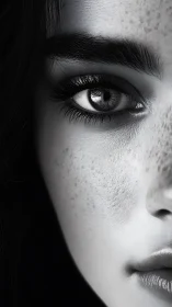 Monochrome macro portrait of freckled female eye and skin texture