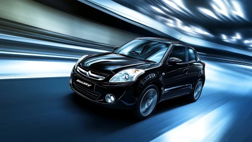 Black compact car rendered in motion within light tunnel.