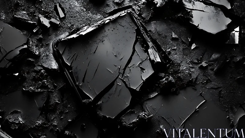 Shattered black glass slabs reflect diffuse light in darkness