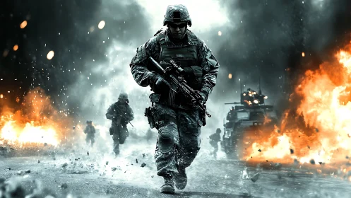 Soldier advancing through fiery battlefield chaos in focus.
