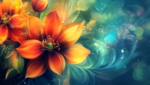 Digital render of luminous orange flowers blending with turquoise abstract forms