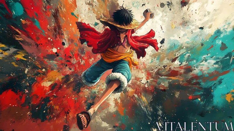 Dynamic straw-hatted hero leaping through explosive color field.