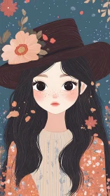 Girl in floral hat gazes forward amid falling petals