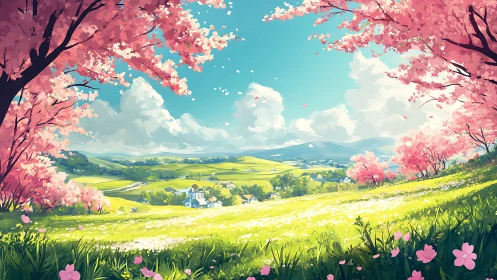 Blossom-framed valley morning washing hills in golden hush.