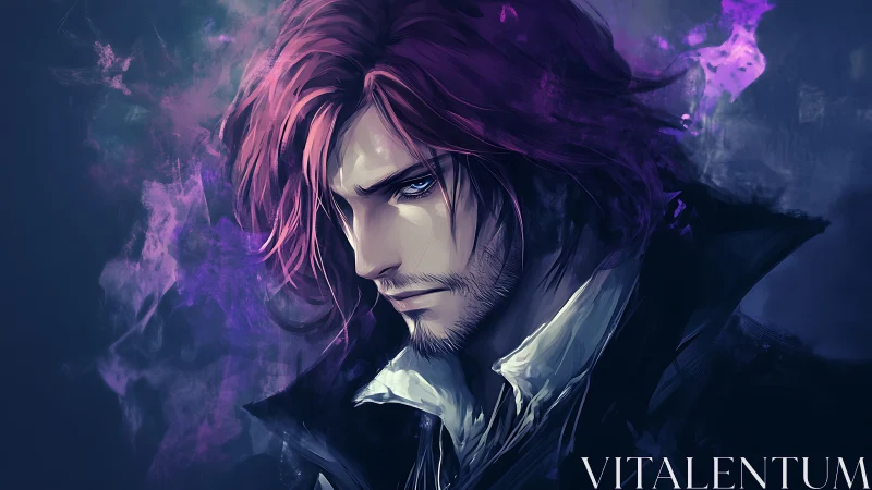 Moody anime portrait renders violet aura with dynamic brushwork