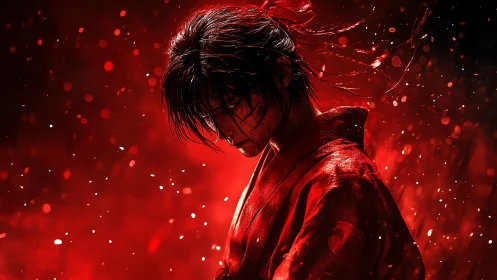 Solitary warrior in red kimono stands amid floating particles