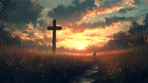 Cross silhouettes blazing sunset above windswept meadow.