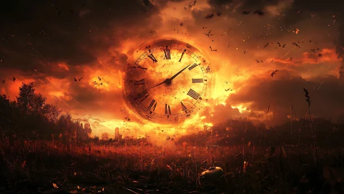 Solar storm clock ignites the sky above a burning meadow.
