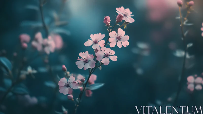 Pink flowers bloom under teal atmospheric light.
