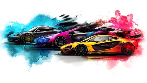 Hypercar trio slices through neon paint explosions at speed.