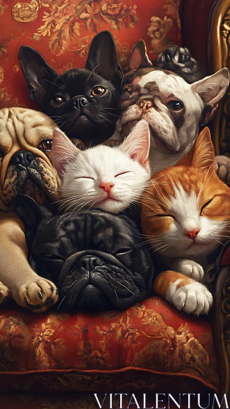 Six Adorable Pet Friends Snuggled Together on Red Velvet