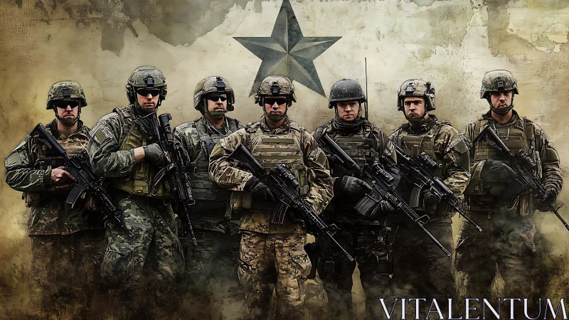 Modern tactical soldiers aligned before distressed star emblem.