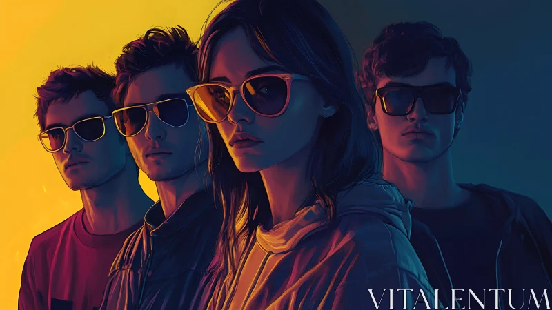 Bold friends in neon light sharing a cool twilight moment.