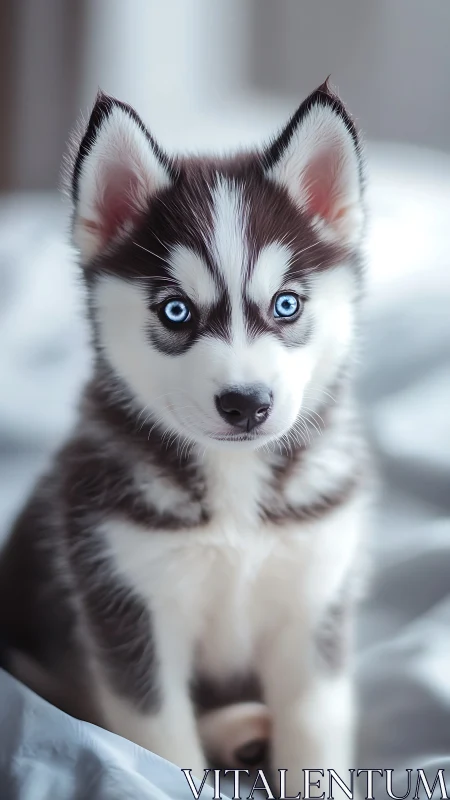 Blue-eyed husky puppy on soft bed in natural light.