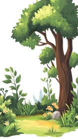 Stylized forest clearing with tall tree and flowering undergrowth