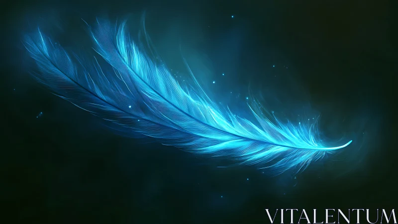Glowing blue feather on dark background with soft sparks.
