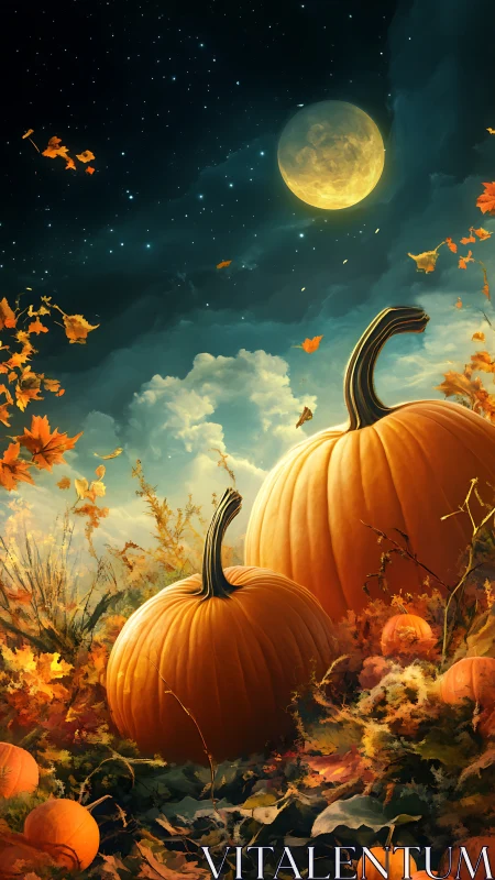 Pumpkins in moonlit autumn field under starry sky.