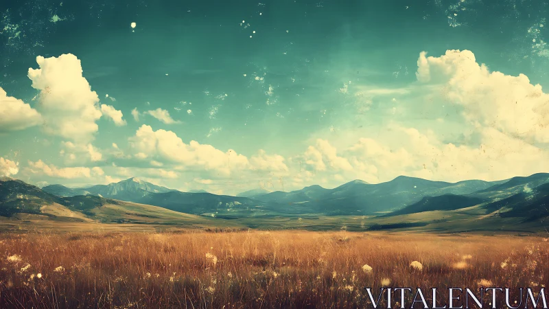 Wide-angle prairie panorama with stylized mountainous horizon.