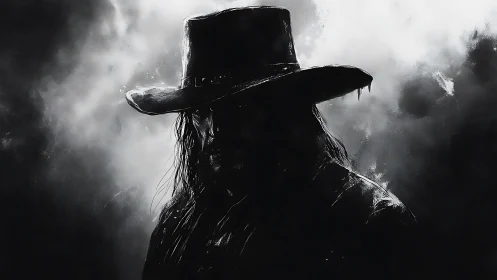 Shadow-bitten gunslinger dissolves into stormy monochrome haze