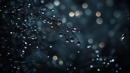 Moonlit droplets on fine branches in cinematic bokeh haze.