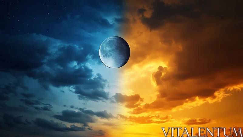 Moon caught between dayfire and nighttide in painted sky.