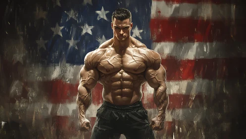Hyperdefined muscular physique before abstract U.S. flag backdrop.