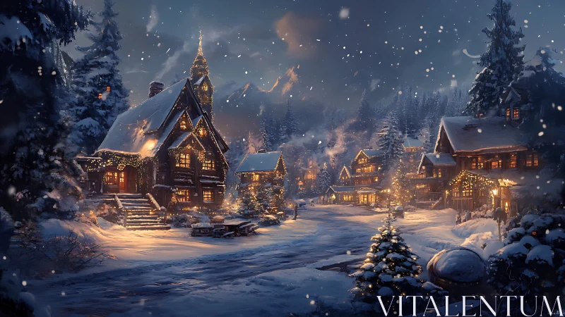 Snowy alpine village street with warm holiday lights.