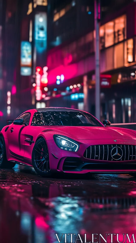 Neon-lit Mercedes AMG GT in rain-soaked urban alley with reflective bokeh