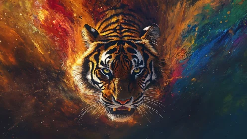 Digital tiger portrait bursting through cosmic color storm.