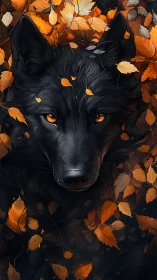 Midnight black wolf portrait under luminous autumn foliage