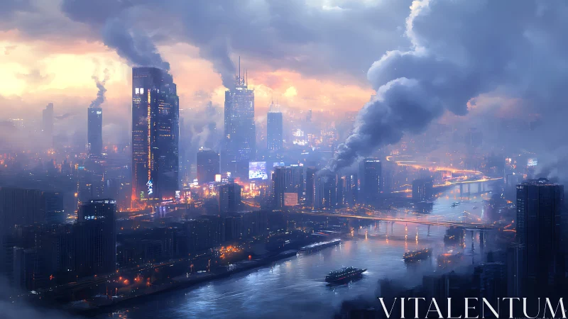 Smog-drenched futuristic riverside city at neon dusk.