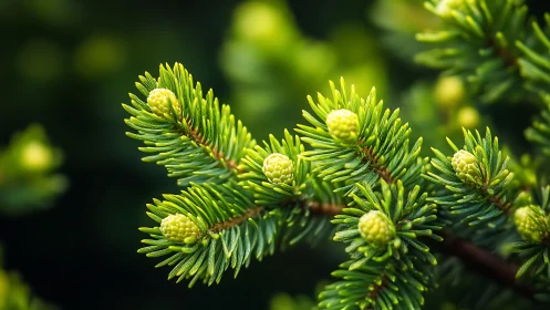 Evergreen fingertips cradling newborn cones in quiet glow.