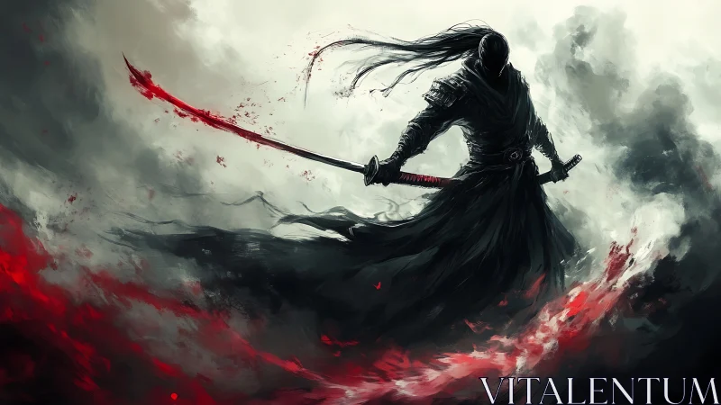 Silhouetted swordsman cuts through stormy mist with blood-tinted arc