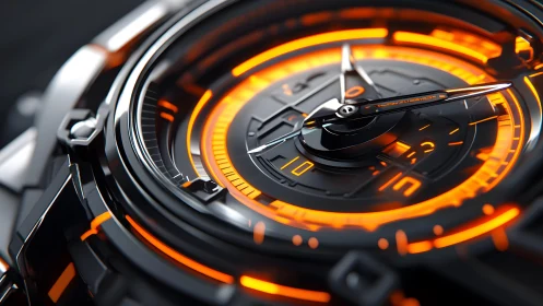 Futuristic analog wristwatch with glowing orange neon accents.