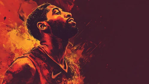 Basketball player rendered in fiery digital portrait art.