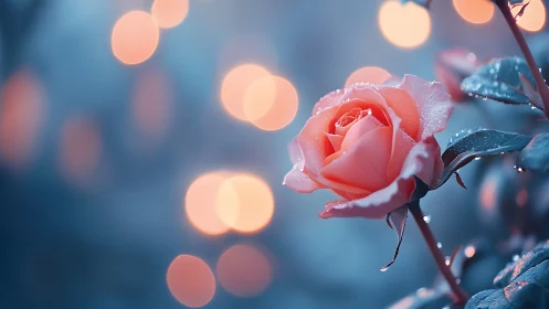 Coral Rose in Evening Light with Dewdrops.