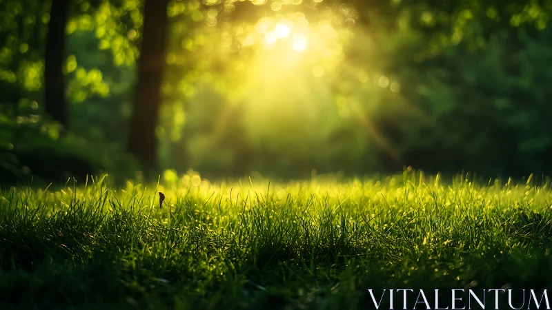Morning sunlight streaming through forest trees, dreamy nature scene.