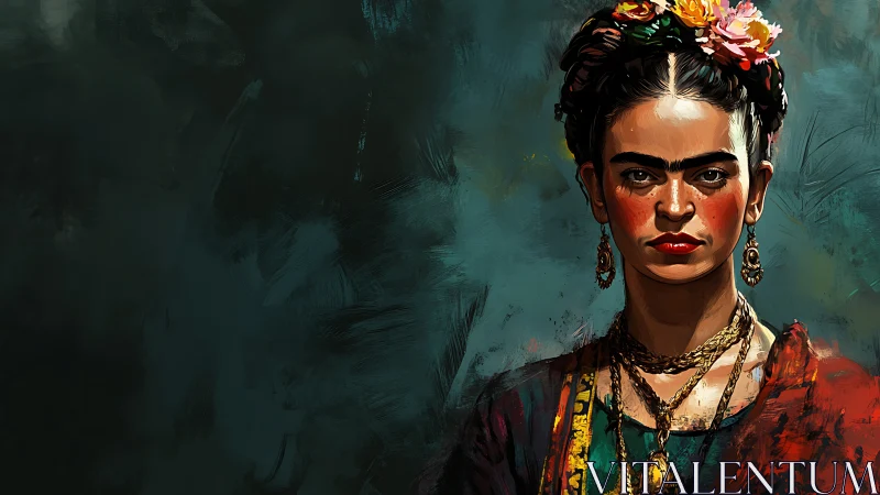 Intense portrait of a floral‑crowned woman in rich color.