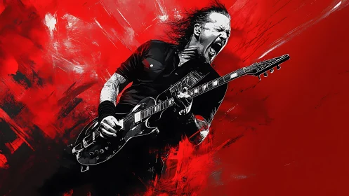 High-gain electric guitarist in dynamic red vector eruption.