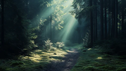 Sunbeams Illuminate Serene Forest Trail in Dreamlike Morning Light.