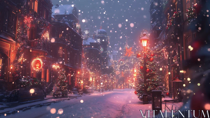 Snow-covered festive street illuminated by dense warm bokeh lighting