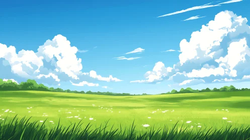 Bright green meadow under wide blue sky and clouds.