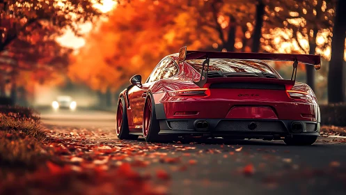 Red sports coupe is parked on a tree-lined autumn road