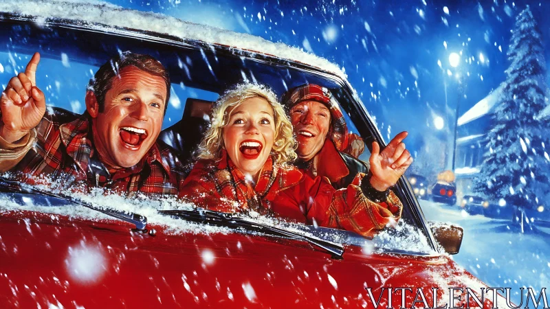 Three people in red car during heavy nighttime snowfall.