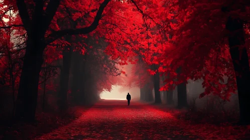 Solitary figure walks through a crimson autumn forest dream
