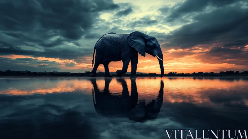 Elephant silhouette mirrored in vivid sunset water reflection.