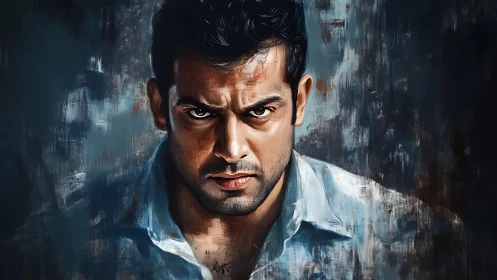 Digital portrait of intense male figure on dark background.