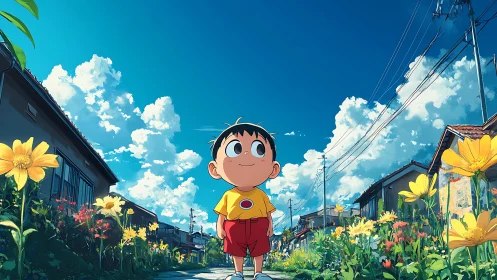 Cartoon boy walks through sunny flower lined suburb street.